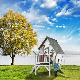 Houten speelhuisje | Sunny - Cabin XL (grijs/wit)