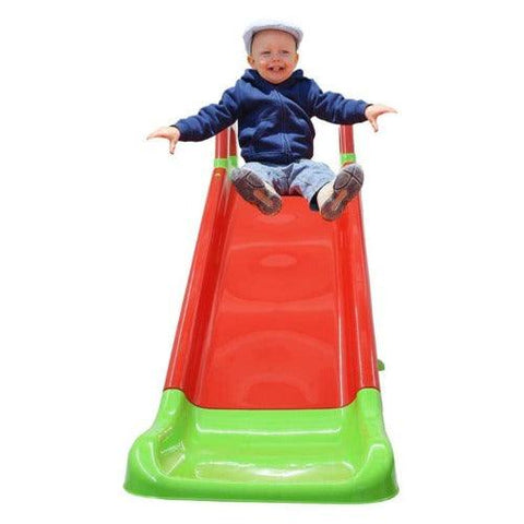Image of rood-groen-glijbaan-jamara-speeltoestel-kind-glijd