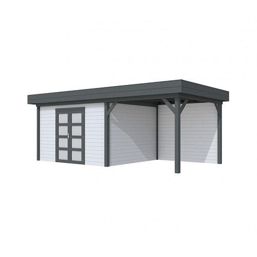 Blokhut-WoodVision-Topvision-Tuinhuis-Parelhoen-met-luifel-300-cm-antraciet-lichtgrijs