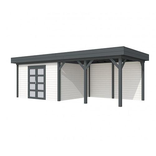 Blokhut-WoodVision-Topvision-Tuinhuis-Parelhoen-met-luifel-400-cm-antraciet-wit