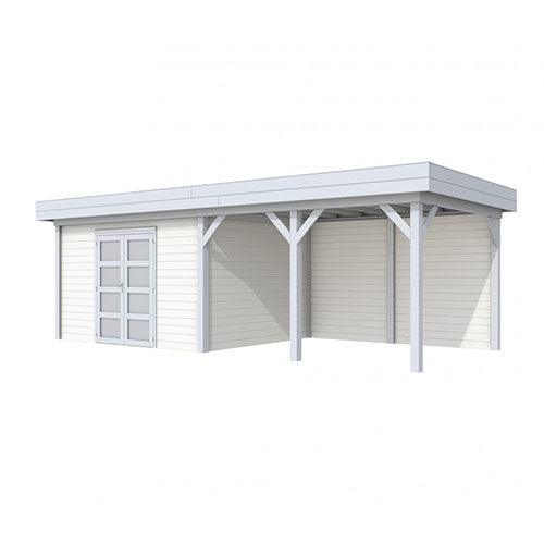 Blokhut-WoodVision-Topvision-Tuinhuis-Parelhoen-met-luifel-400-cm-lichtgrijs-wit