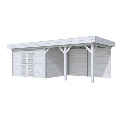 Blokhut-WoodVision-Topvision-Tuinhuis-Parelhoen-met-luifel-400-cm-lichtgrijs