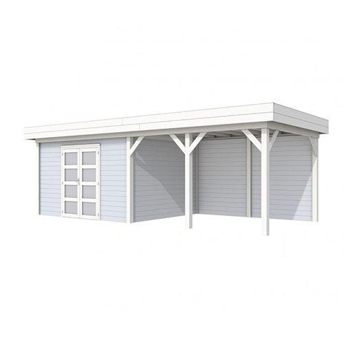 Blokhut-WoodVision-Topvision-Tuinhuis-Parelhoen-met-luifel-400-cm-wit-lichtgrijs