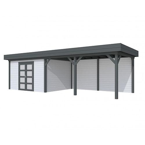 Blokhut-WoodVision-Topvision-Tuinhuis-Parelhoen-met-luifel-500-cm-antraciet-lichtgrijs
