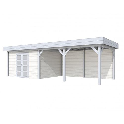Blokhut-WoodVision-Topvision-Tuinhuis-Parelhoen-met-luifel-500-cm-lichtgrijs-wit