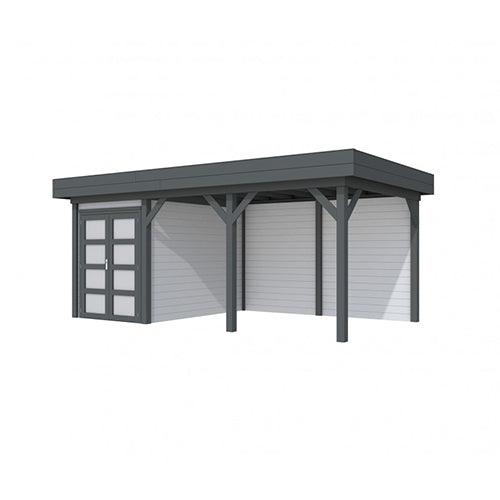 Blokhut-WoodVision-Topvision-Tuinhuis-Zwaluw-met-luifel-400-cm-antraciet-lichtgrijs