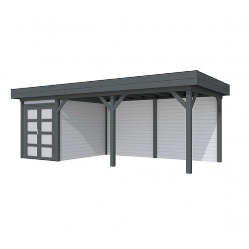 Blokhut-WoodVision-Topvision-Tuinhuis-Zwaluw-met-luifel-500-cm-antraciet-lichtgrijs