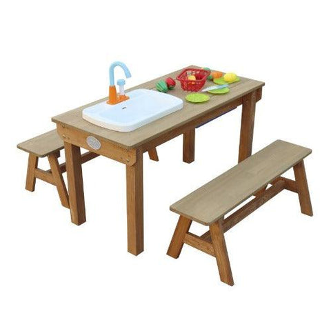 Image of picknicktafel-bruin-met-keukengerei-kraantje-en-bankjes-voor-kinderen-merk-AXI